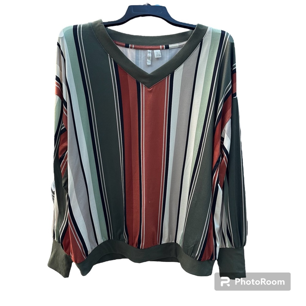 Cato long sleeve stripped top,‎ size large, orange, green, black, white